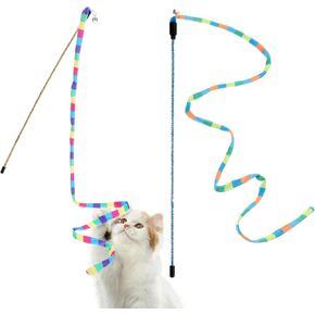 2 Pcs Interactive Cat Rainbow Wand Toys, Cat Teaser Wand and String Toy Colorful Ribbon Strong and Sturdy Pole with Small Bells for Indoor Cats and Kittens to Play Chase Exercise for Fun