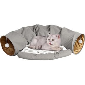 Cute Cat Tunnel Bed for Indoor with Collapsible Washable Design, Half Round Pet Play Interactive Toy for Cats/Puppy/Rabbit, Grey
