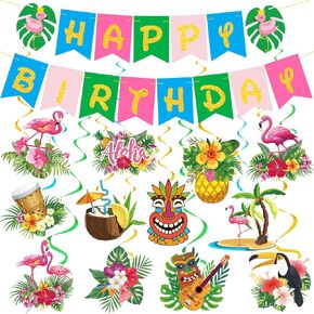 Upgraded, 2 Sets Tropical Hawaiian Happy Birthday Banner, 27pcs Premium Gold Glitter Pineapple and Palm Banner and Accessories, Perfect for Summer Beach Luau Aloha Birthday Party Decorations