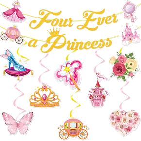 Four Ever a Princess Birthday Decorations, 10PCS Princess 4th Banners Bday Party Decoration Girl Castle Flower Butterfly 4 Years Old Hanging Swirls Decor Supplies