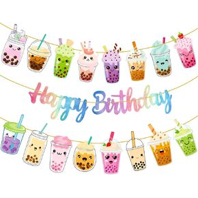 3pcs Bubble Tea Birthday Party Banners Boba Tea Birthday Decorations Gold Glitter Happy Birthday Banner Bubble Mill Tea Cutout Garlands for Bubble Tea Theme Birthday Party Baby Shower Supplies