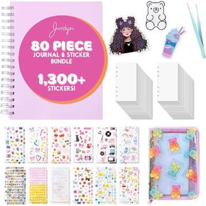 American Crafts Jordyn Kelly 80 Piece Sticker Bundle Journal Set, 7x9 Spiral Journal, 50 Easy-Release Sticker Sheets, 24-Piece Stickers Sheets, 3" Vinyl Stickers & Metal Precision Tweezers