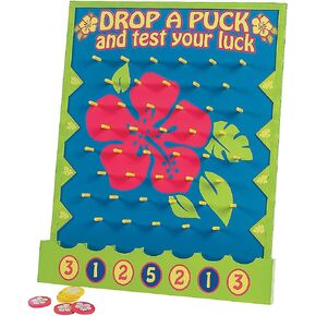 Fun Express 16" x 20" Tropical Luau Multicolor Wood Tabletop Disc Drop Game - 8 Pieces in Set - Great for Vacation Bible School, Birthday Parties and Luaus