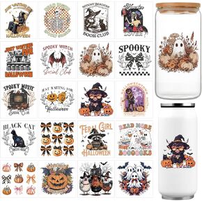 Halloween UV DTF Cup Wrap - 20 Sheets Autumn Halloween Rub on Transfers for Crafting UV DTF Cup Wraps for 16 OZ Pumpkin Ghost Witch Highland Cow Cups Wrap Transfer Stickers for Glass Wood Crafts