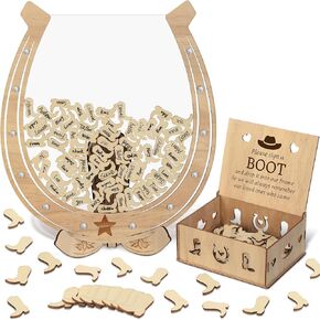 Wedding Guest Book Alternative, Wooden Western Cowboy Wedding Decorations for Reception Wedding Guest Book Drop Box with 100 Cowboy Boots Sign, Anniversary Decorations(Horse Iron Hoof)