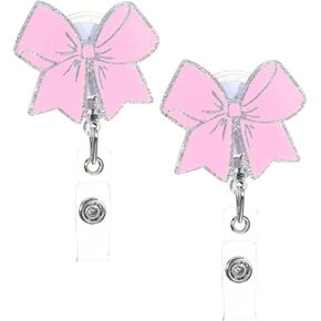 2Pcs Bow Badge Reel, Retractable Acrylic Badge Holder Alligator Clip Sparkly Cute Badges Accessories for Nurse Doctor Medical Worker Nursing Student ID Tag Holder Accessory(Pink)