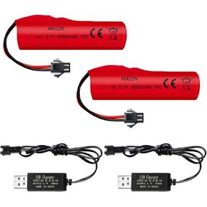 2PCS 3.7V 3000mAh Li-ion Battery with SM-2P Plug and USB Charging Cable for DE42 DE44 DE45 DE68 RC Car,Drifting Car Truck Toy Off-Road Racing Car Battery