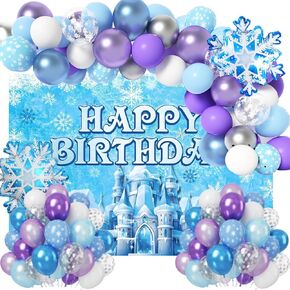 Frozen Birthday Party Decorations Frozen Party Supplies 73 Pcs Include Frozen Balloon Garland Arch Kit, Snowflake Foil Balloon and backdrop for Kids Birthday