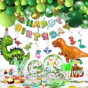 Dinosaur Birthday Party Supplies, Dinosaur Themed Birthday Decorations, 10 Serves Include Plates Napkins Sets Tablecloth Straws Toppers Banner Balloons for Boys(196 Pcs)