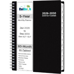 Monthly Planner 2026-2030, 5-Year Calendar Planner 2026-2030, Jan 2026 – Dec 2030, 6.2 x 8.4 In, Ruled Spread, Flexible Cover, Spiral Wirebound, Pocket, 60 Coated Monthly Tabs, Notes ＆ Habit Tracker
