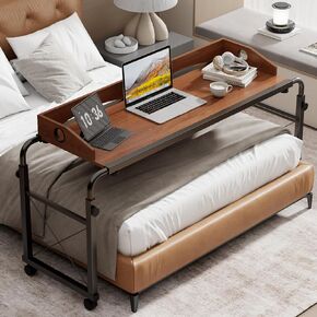 BYMECOST Laptop Desk for Bed, Adjustable Height & Length Laptop Bed Table,Overbed Table with Wheels for King & Queen Size Beds,Rolling Standing Desk,Over Bed Table for Working Reading Eating