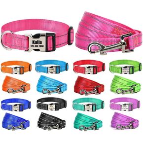 MOONPET Personalized Custom Dog Collar Leash Set with Engraved ID Tag Nameplate Buckle-Reflective Dog Collar with Name Phone Number for Dog Safety-Heavy Duty Adjustable for Small Medium Large Dogs