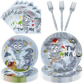 96 Pcs Tornado Birthday Party Decorations Boy, Grey Tornado 2nd Birthday Plates Napkins and Forks for 24 Guests, Weather Storm Theme Party Supplies for 2 Year Old Boy