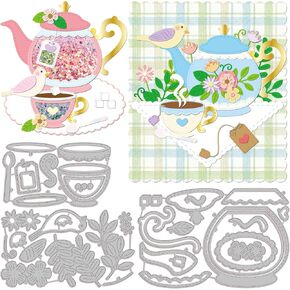 GLOBLELAND Afternoon Tea Cutting Dies Flowers Carbon Steel Stencil Template Tea Pot and Cup Shaker Die Cuts Stencils Cups Mental Cutting Dies for DIY Scrapbooking Album Decorative Paper Card Making