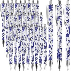 30 Pcs Blue Floral Ballpoint Pens Favors for Guest Bulk Blue Floral Vintage Chinoiserie Retractable Ballpoint Pen for Wedding Bridal and Baby Shower, Tea Garden and Birthday Party