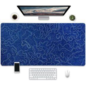Large Desk Mat with Topographic Pattern, Gaming Mouse Pad, 31.5 x 15.7 inches，Navy Blue