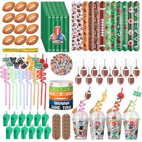 170 Pcs Football Party Favors Birthday Party Supplies with Cups Straws Stress Ball Silicone Wristbands Slaps Bracelets Keychains Stickers Whistles bags Thank You Tags for Football themed Party