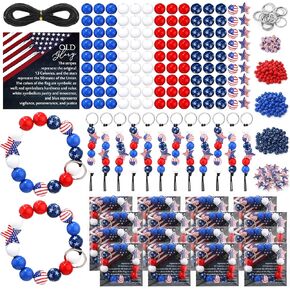346 Pcs/20 Sets Patriotic DIY Bead Bracelet Keychain Kit 4th of July Clay Beads Independence Day American Flag Wooden Bead for Craft with String Jewelry Necklace Craft Decoration School DIY