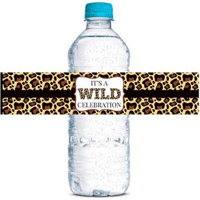 Leopard Print Wild Birthday Party Waterproof Water Bottle Sticker Wrappers, 20 1.75" x 8.5" Wrap Around Labels by AmandaCreation