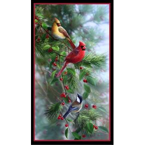 24"" X 44"" Panel Birds and Berries Christmas Winter Holiday Seasonal Holly Ivy Pines Needles Cones Trees Black Cotton Fabric Panel (40003BLACK)