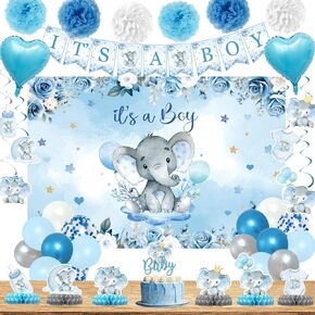 Elephant Baby Shower Decorations for Boy, Blue Baby boy Shower Decorations Kit with It's a Boy Backdrop Banner, Cake Toppers, Hanging Swirls, Centerpieces, Balloons and Pompoms Birthday Elephant Decor