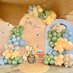 Classic Winnie Cutouts and Green Balloons Arch Kit Set Pastel Balloons for Pooh Baby Shower Decorations Birthday Party Supplies