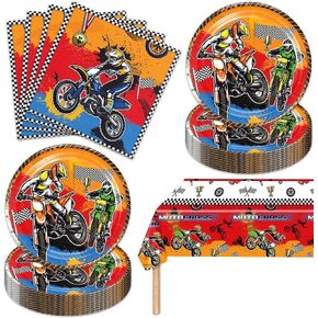 41pcs Motorcycle Biker Party Supplies Tableware Motorcycle Birthday Party Plates Napkins and Tablecloth Sets Dirt Bike Theme Party Decorations for Boys