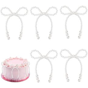 5 Pcs Pearl Bow Cake Decoration, Elegant White Imitation Pearl Bow Cupcake Toppers Coquette Party Bouquets Decor for Wedding Bridal Shower Birthday Decoration Supplies