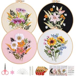 4 Pack Beautiful Flowers Embroidery Kit for Beginner Adults, Cross Stitch Craft Includes Clear Instructions, Embroidery Hoop, Stamped Patterns, Colorful Threads, Tools.Hand Craft Lover Gifts