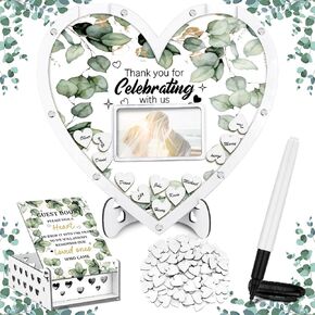 Wooden Wedding Guest Book Alternative with 100 Wood Hearts Chips, Drop Box and Pen Eucalyptus Leaves Theme Heart Picture Frame Rustic Wedding Guest Book Decor for Reception Ceremony(Wood)