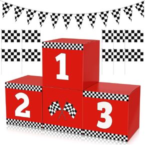 4+11PCS Racing Car Party Boxes, Checkered Boxes for Party with 10PCS Flags and Sticks/ 9.8 FT Hanging Checkered Flag for Car Birthday Decorations(11.8 x 11.8 x 11.8 in)