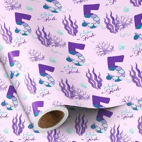 RUSPEPA 5th Birthday Wrapping Paper Roll, Mini Roll, Purple Mermaid Tail Number 5 and “Make a Splash" Text Gift Wrap for Girls, Kids Birthday Party, 17 Inches x 16.4 Feet