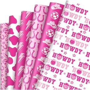 JarThenaAMCS 12 Sheet Western Cowgirl Wrapping Paper -Not Roll- Pink Boots Hats Horseshoe Disco Ball Gift Wrap Paper Folded Flat Craft Paper for DIY Crafts Party Supplies, 19.7 x 27.6 Inch