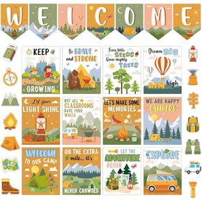 gisgfim 33 PCS Camping Welcome Posters Camping Welcome Bulletin Board Motivational Posters Positive Inspirational Quotes Paper Cutouts Classroom Decorations for Back to School Home Wall Door Supplies