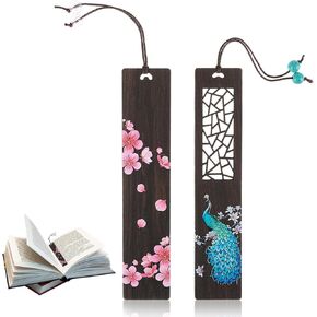 2pcs Handmade Carving Wooden Bookmarks, Wood Bookmark for Men Women Book Lovers, Cute Hollow Out and Painted Craft Bookmark Vintage (Peacock, Cherry Blossoms)