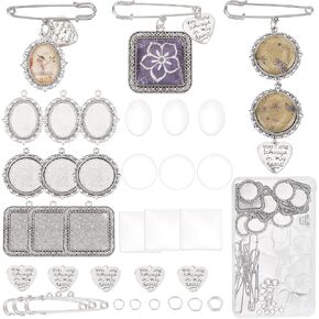 SUNNYCLUE 1 Box 65Pcs Wedding Bouquet Charms Memorial Picture Charm Oval Round Square Brooch Pins Glass Cabochons Silver Heart Pendants for Jewelry Making Women Men DIY 10Pcs Brooches Supply