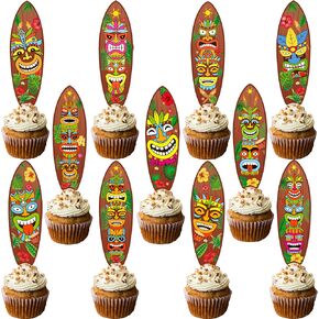 36pcs Hawaii Tiki Surfboard Cupcake Toppers Hawaii Luau Party Decorations Tiki Surfboard Theme Cake Cupcake Decorations for Tiki Bar Summer Beach Theme Party Supplies