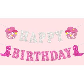Western Cowgirl Happy Birthday Banner Glitter Boot Disco Ball Hanging Banner Silver Pink Bunting Garland for Bachelorette Birthday Party Backdrop Decor
