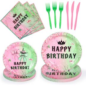 Pink and Green Party Decorations Tableware,120pcs Witch Birthday Party Decorations Severs 24 Guests,Include 24pcs Pink Plates,Green Plates,Napkins,Forks and Knives