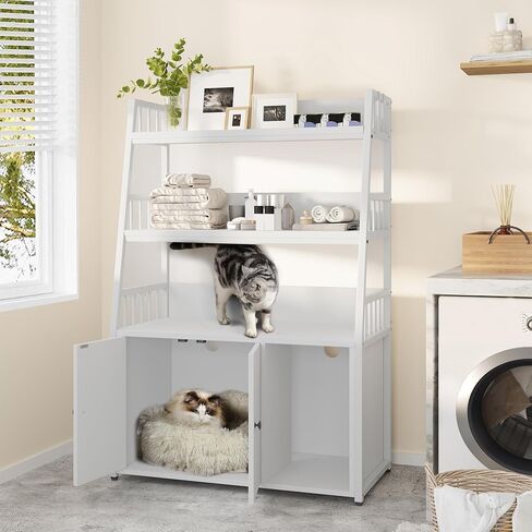 YITAHOME Cat Litter Box Enclosure, Large Hidden Litter Box Furniture with 2 Storage Shelves, Wooden Cat Washroom Furniture with Metal Frame, Brown in Saudi Arabia