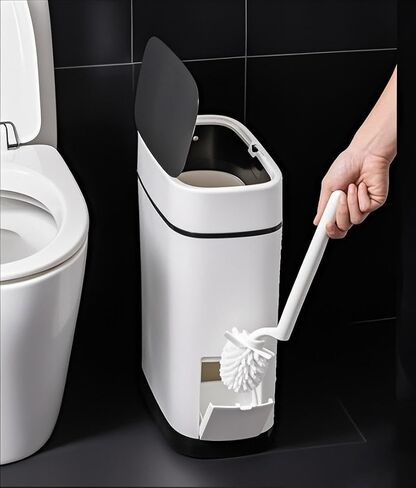 14 Liter White Plastic Garbage Can with Press Top Lid, Dogproof Slim Rectangular Trash Bin for Toilet, RV Bathroom Trash Can 3.7 Gallons with Toilet Brush Holder, White lid in Saudi Arabia
