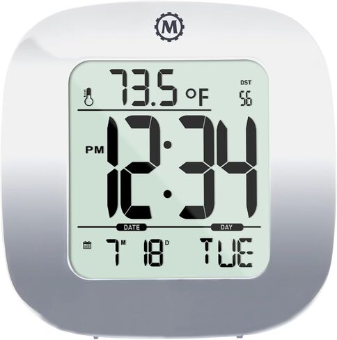 Marathon Compact Alarm Clock with Temperature & Date, Silver - Large, Easy to Read Display with Backlight - Easy to Set Up & Use - Two AAA Batteries Included in Saudi Arabia