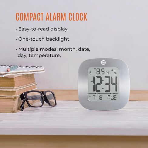Marathon Compact Alarm Clock with Temperature & Date, Silver - Large, Easy to Read Display with Backlight - Easy to Set Up & Use - Two AAA Batteries Included in Saudi Arabia