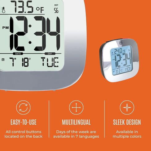 Marathon Compact Alarm Clock with Temperature & Date, Silver - Large, Easy to Read Display with Backlight - Easy to Set Up & Use - Two AAA Batteries Included in Saudi Arabia