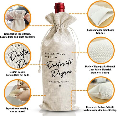Doctorate Degree Graduation Gift Wine Bag, College Graduation Party Favors Supply, Pairs Well With Doctorate Degree, PHD Gift Bag For Best Friend Her Him Women, Reusable Linen Wine Bag in Saudi Arabia