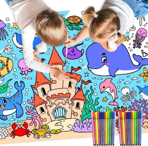Meetcolor Under The Sea Huge Coloring Poster for Kids, Giant Ocean Animals Theme Paper Tablecloth with 24 Colors Marker Set, Large Coloring Roll Paper for Party Classroom Gifts Decoration, 72" x 30" in Saudi Arabia
