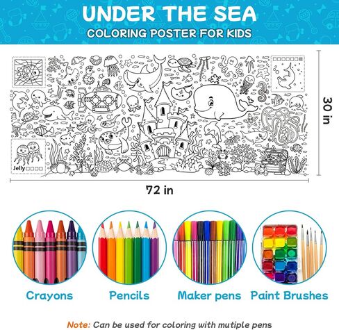 Meetcolor Under The Sea Huge Coloring Poster for Kids, Giant Ocean Animals Theme Paper Tablecloth with 24 Colors Marker Set, Large Coloring Roll Paper for Party Classroom Gifts Decoration, 72" x 30" in Saudi Arabia