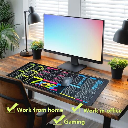 Excel Shortcuts Mousepad, Large Excel Cheat Sheet Desk Mat with Stitched Edge Non-Slip Excel Mouse Pad for Office and Work from Home (Blue Pink Yellow) in Saudi Arabia