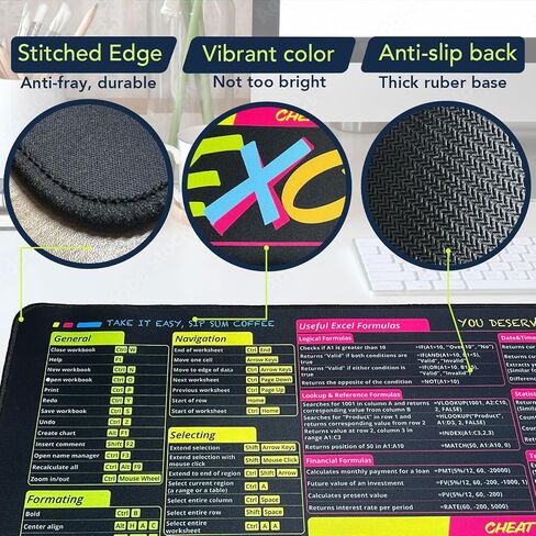 Excel Shortcuts Mousepad, Large Excel Cheat Sheet Desk Mat with Stitched Edge Non-Slip Excel Mouse Pad for Office and Work from Home (Blue Pink Yellow) in Saudi Arabia