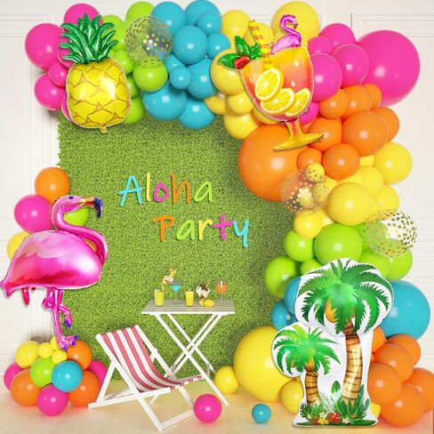 Ouddy Life 187Pcs Summer Tropical Balloons Garland Arch Kit, Hawaiian Luau Party Decorations, Hot-Pink Fruit Green Lake Blue Flamingo Coconut Tree Balloon for Beach Aloha Pool Birthday Baby Shower in Kuwait